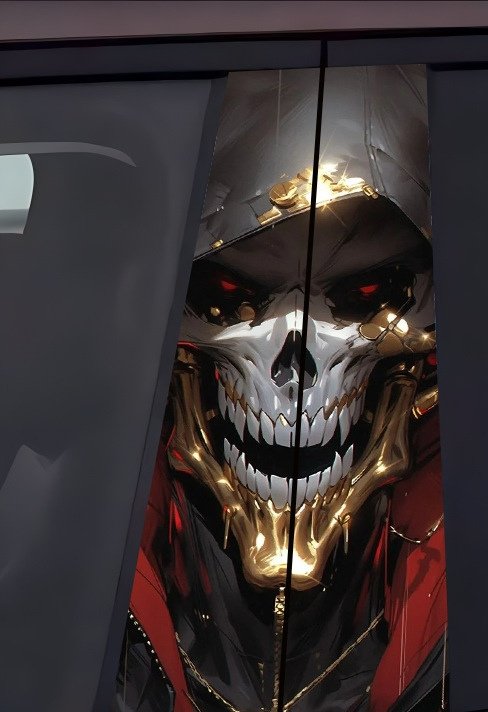 2Black & Gold Red-Eyed Skull Car B-Pillar Decal, Dark Metal
