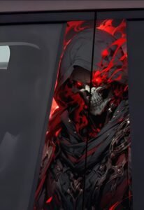 2Red Flame Hooded Skull Car B-Pillar Decal, Dark