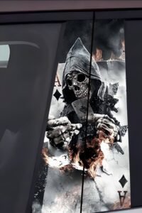 2Hooded Skull Burning Card Car B-Pillar Decal, Dark Poker