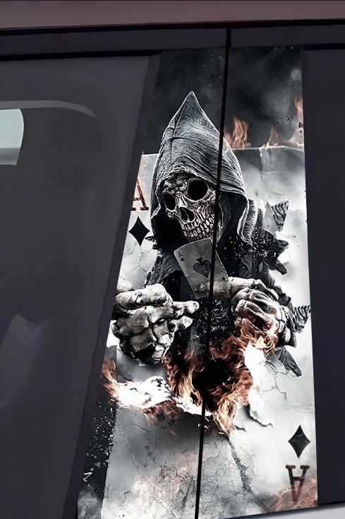 2Hooded Skull Burning Card Car B-Pillar Decal, Dark Poker