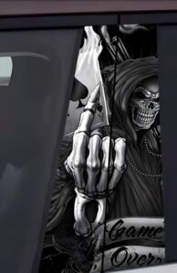 2Black & White Sketch Skull Rose Car B-Pillar Decal, Retro Graffiti