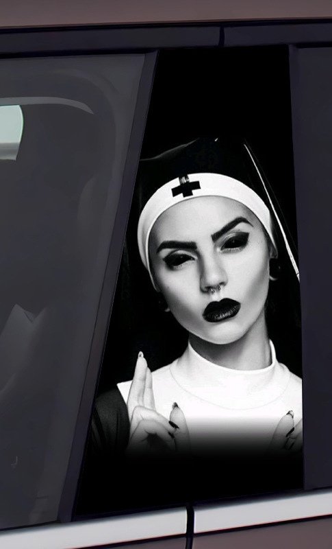 2Black & White Nun Car B-Pillar Decal, Dark Portrait