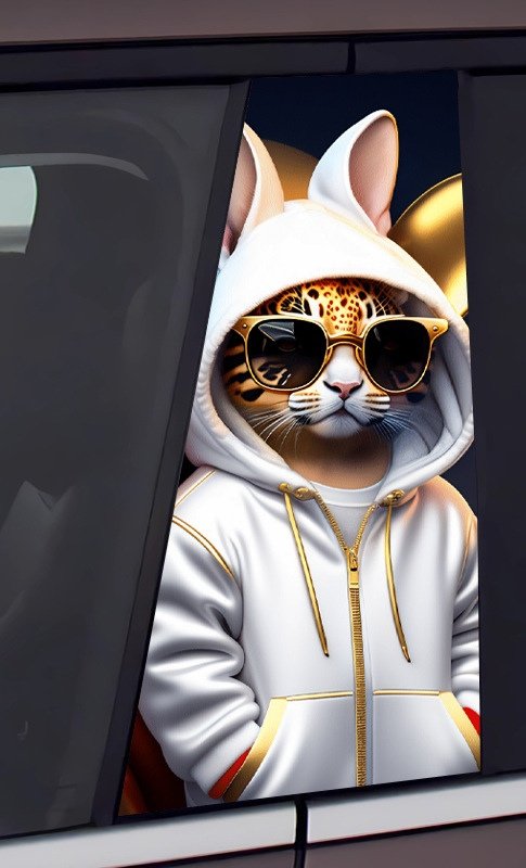 2White Hoodie Sunglasses Cat Car B-Pillar Decal, Trendy Cartoon