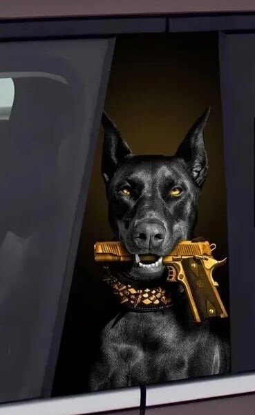 2Black Doberman Gold Gun Car B-Pillar Decal, Fierce Dog