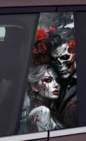 2Red-Dress Skull Rose Girl Car B-Pillar Decal, Gothic Dark