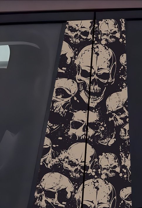 2Beige Vintage Stacked Skulls Car B-Pillar Decal, Retro Pattern