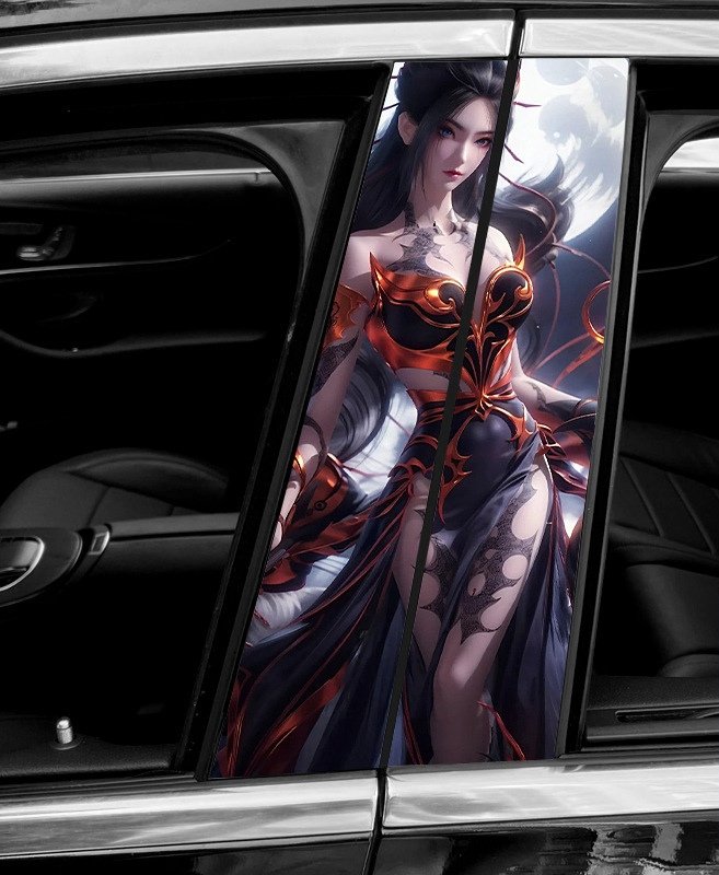 2Black & Red Armored Female Warrior Car B-Pillar Decal, Chinese-Style Fantasy