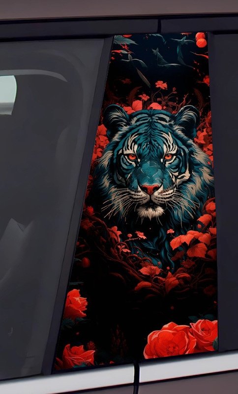 2Cyan Tiger Red Roses Car B-Pillar Decal, Dark Floral