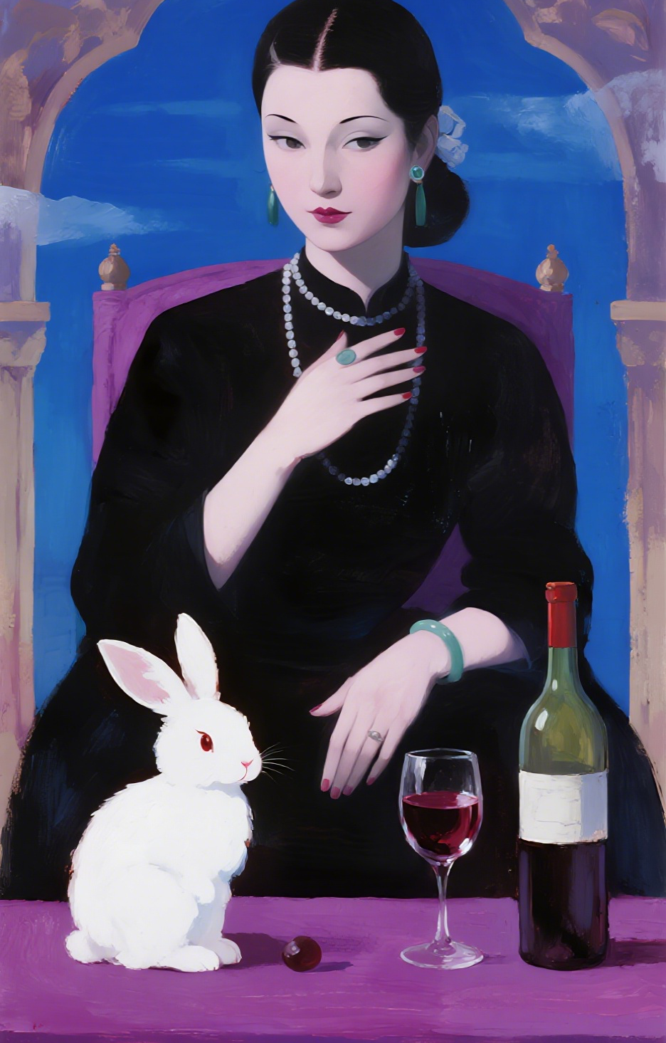 Vintage Lady with White Rabbit and Red Wine Car Center Pillar Sticker 50x24cm 2 Pieces/Set