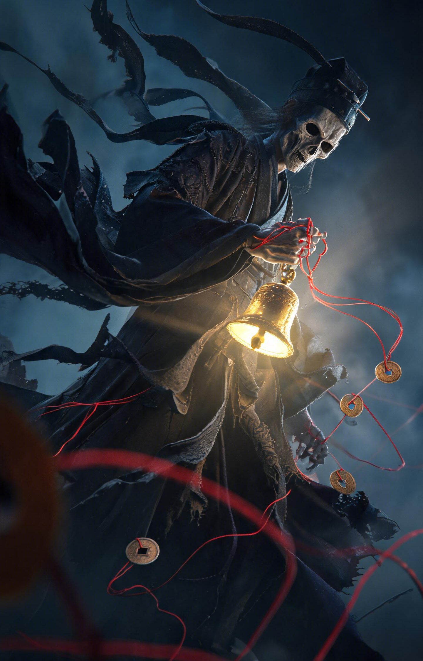 Dark Skeleton Demon Holding Golden Bell Car Center Pillar Sticker 50x24cm 2 Pieces Set