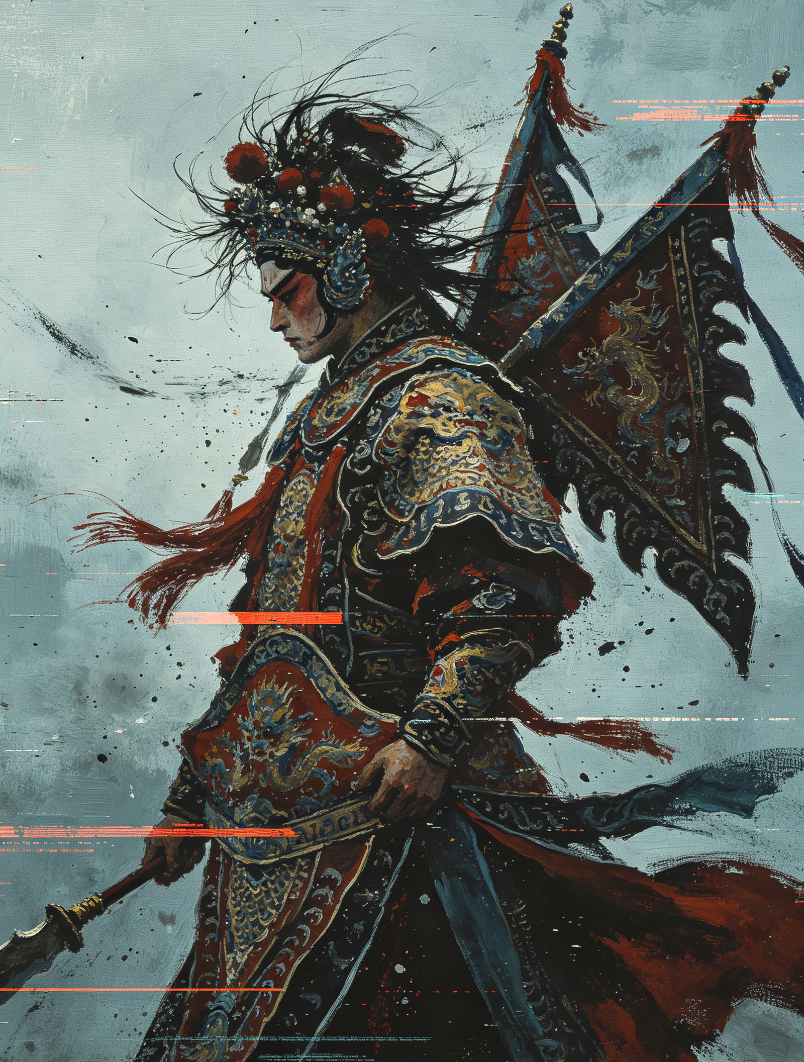 Chinese Opera Warrior In Ornate Armor With Flags Car Center Pillar Sticker 50x24cm 2 Pieces Set