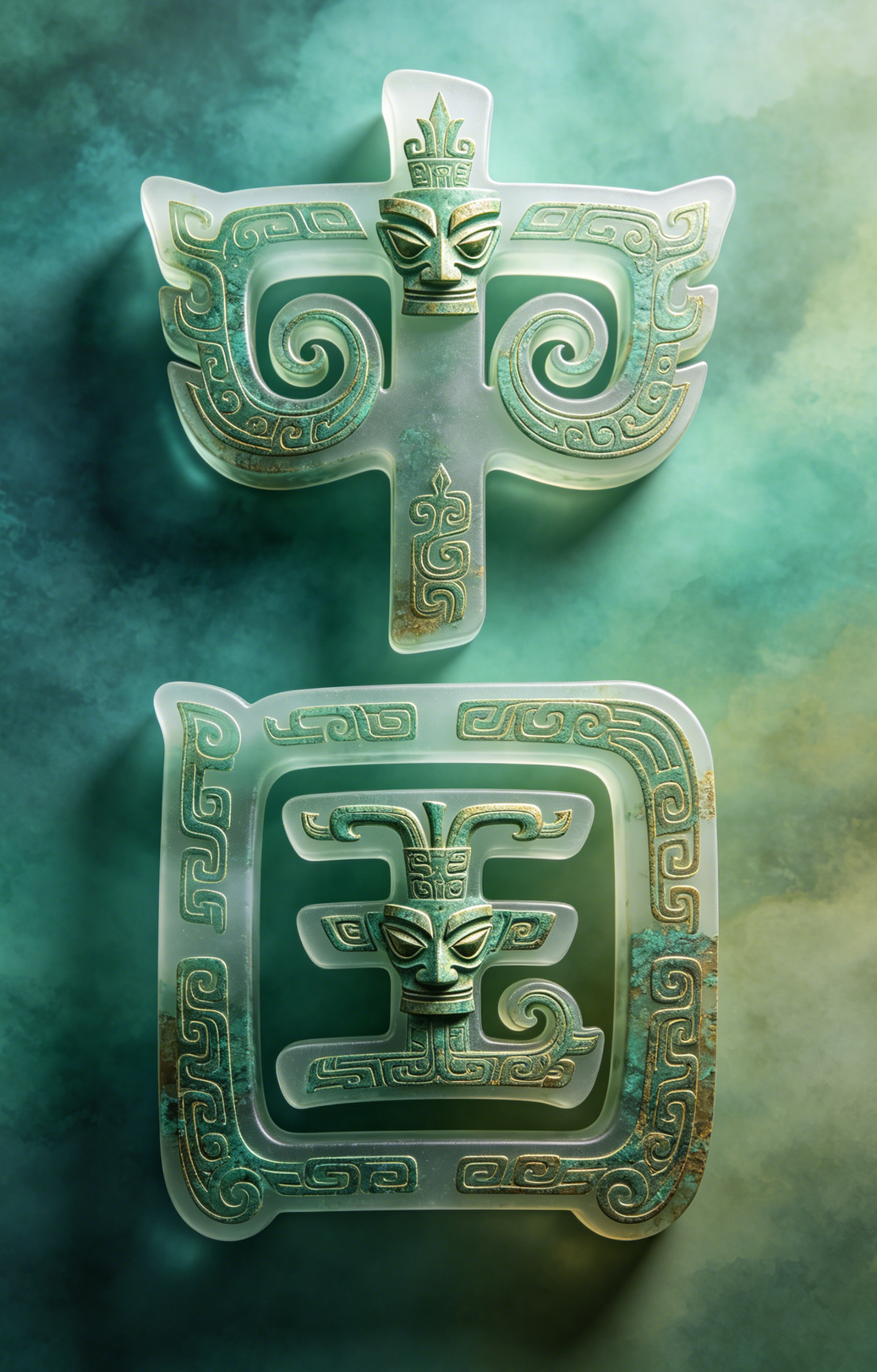 Green Jade Bronze Ancient Totem Masks Car Center Pillar Sticker 50x24cm 2 Pieces Set