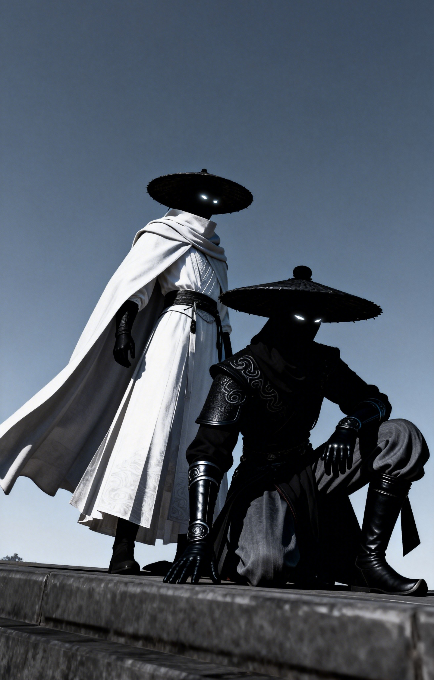 Black And White Shadow Warriors With Hats Car Center Pillar Sticker 50x24cm 2 Pieces/Set
