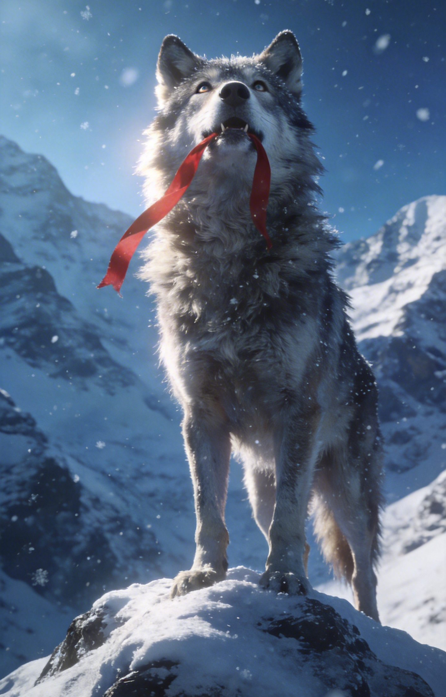 Wolf Holding Red Ribbon On Snowy Mountain Peak Car Center Pillar Sticker 50x24cm 2 Pieces/Set