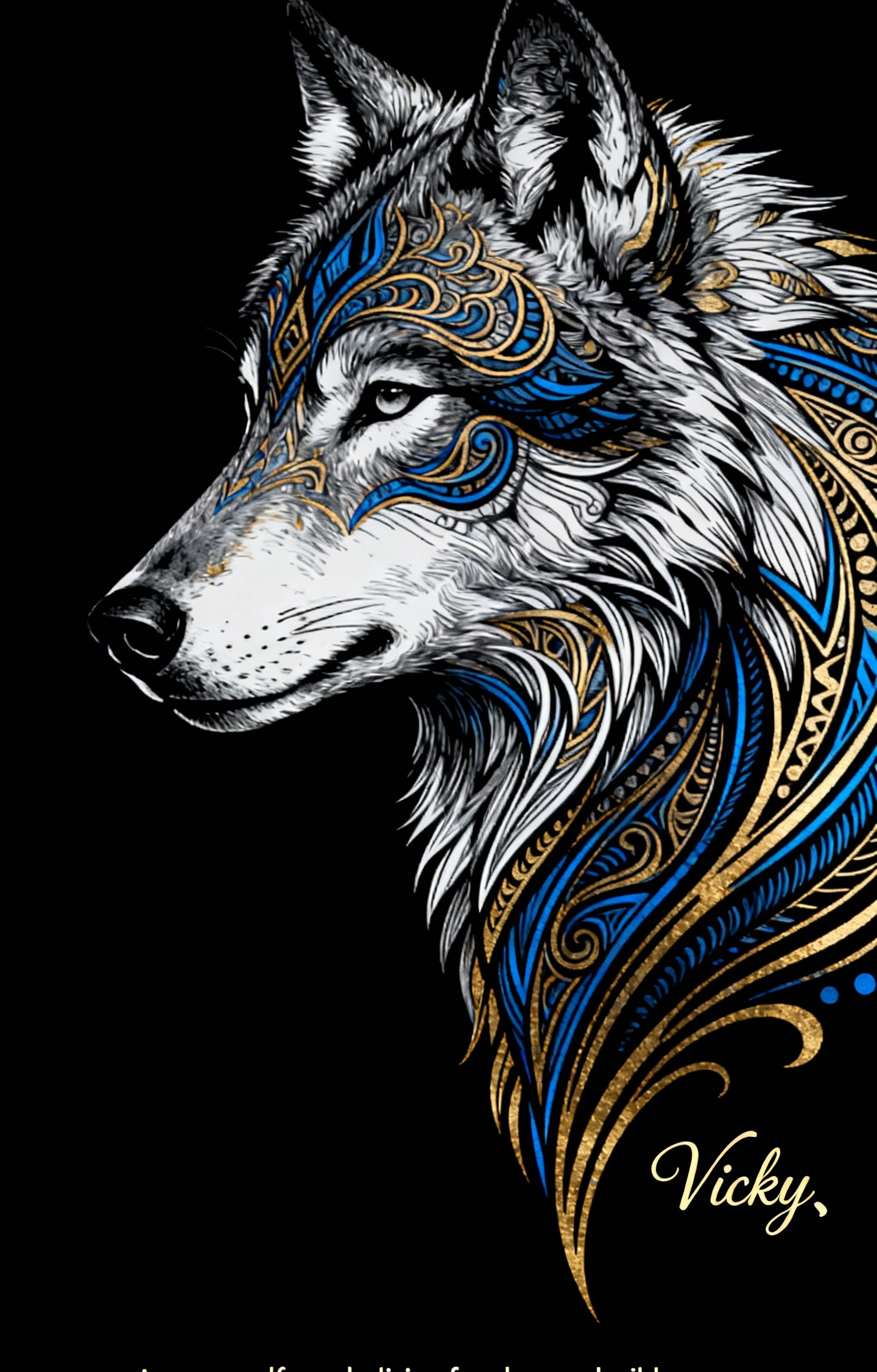 Wolf Head Profile With Blue And Gold Ornamental Tribal Car Center Pillar Sticker 50x24cm 2 Pieces/Set