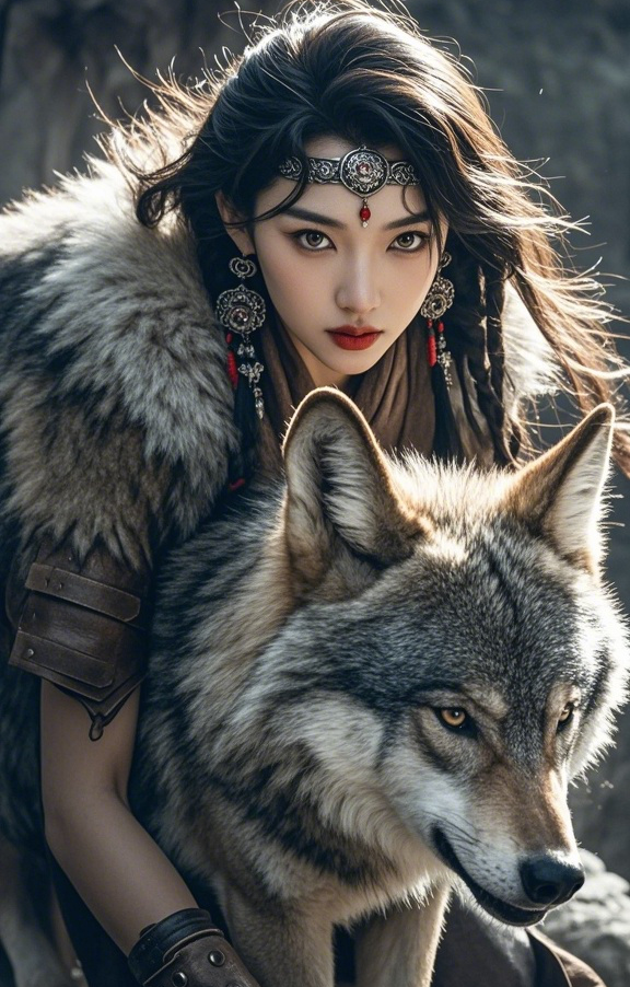 Tribal Warrior Woman with Wolf Car Center Pillar Sticker 50x24cm 2 Pieces/Set