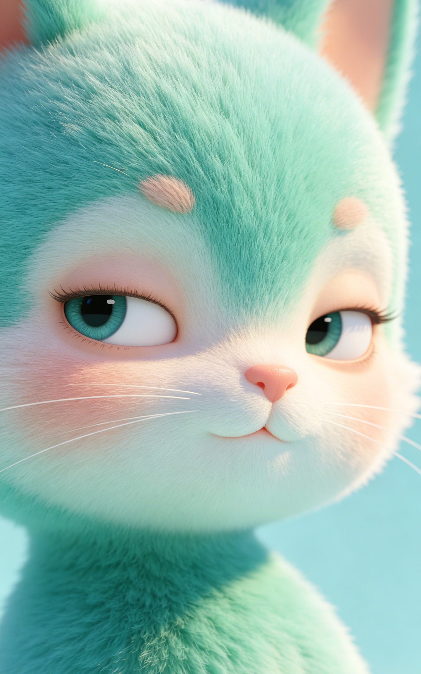 Mint Green Cute Fluffy Cat Anime Big Eyes Pastel Style Car Center Pillar Sticker 50x24cm 2 Pieces/Set