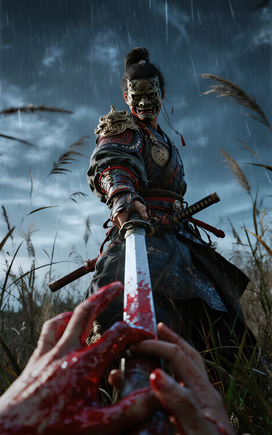 Masked Warrior Bloody Sword Rainy Field Car Center Pillar Sticker 50x24cm 2 Pieces/Set