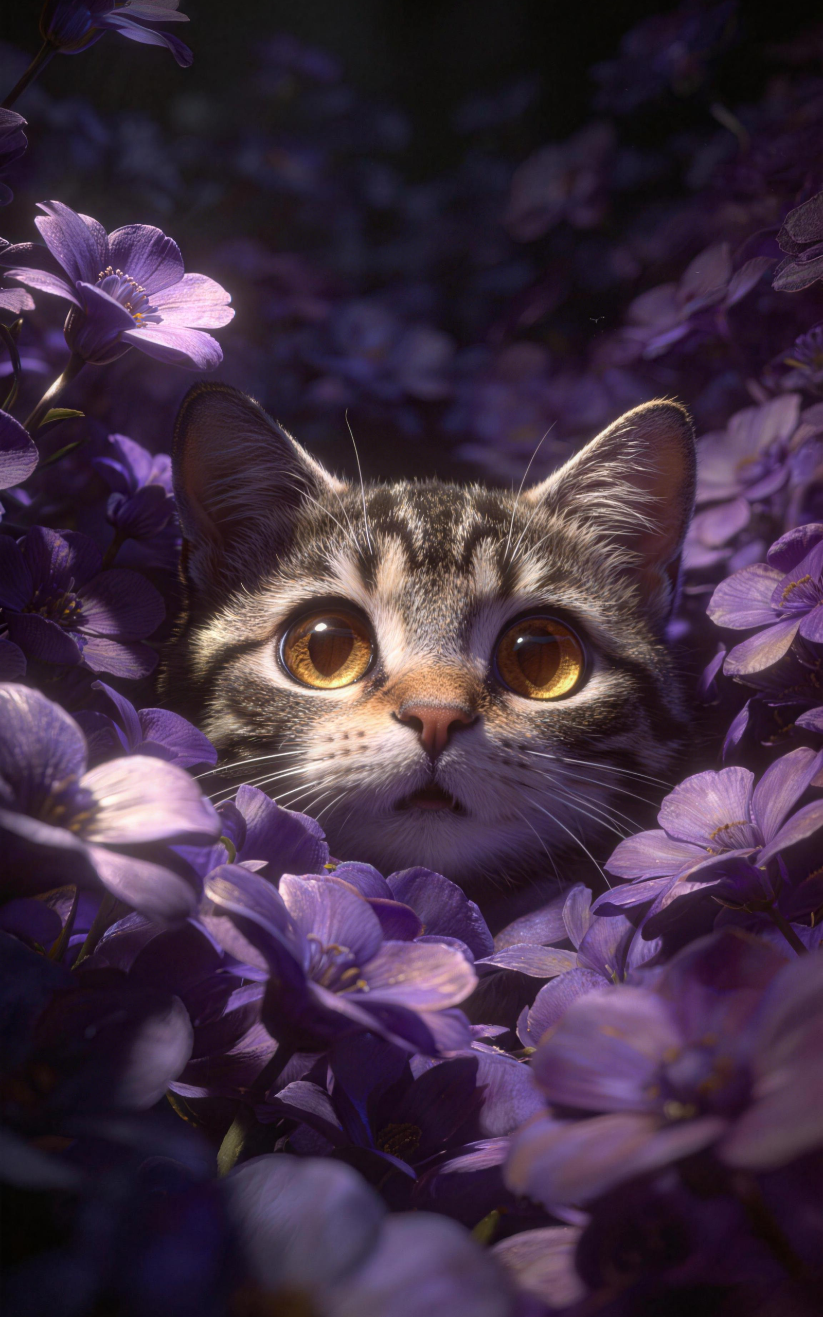 Adorable Tabby Kitten Purple Flowers Car Center Pillar Sticker 50x24cm 2 Pieces/Set
