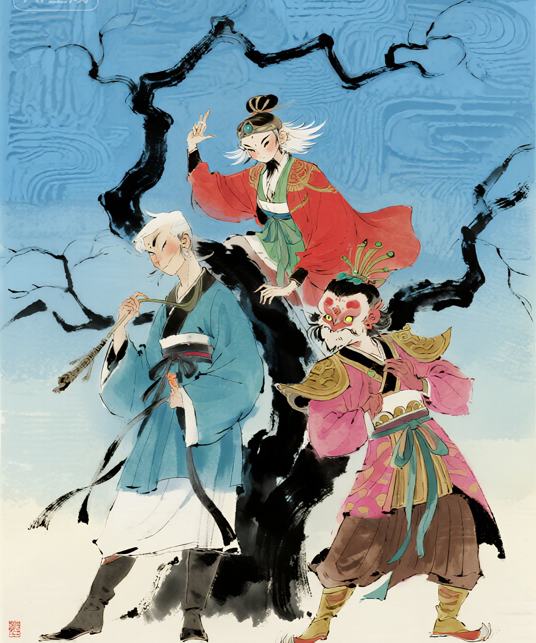 Traditional Chinese Ink Style Three Figures Car Center Pillar Sticker, 50x24cm, 2 Pieces/Set