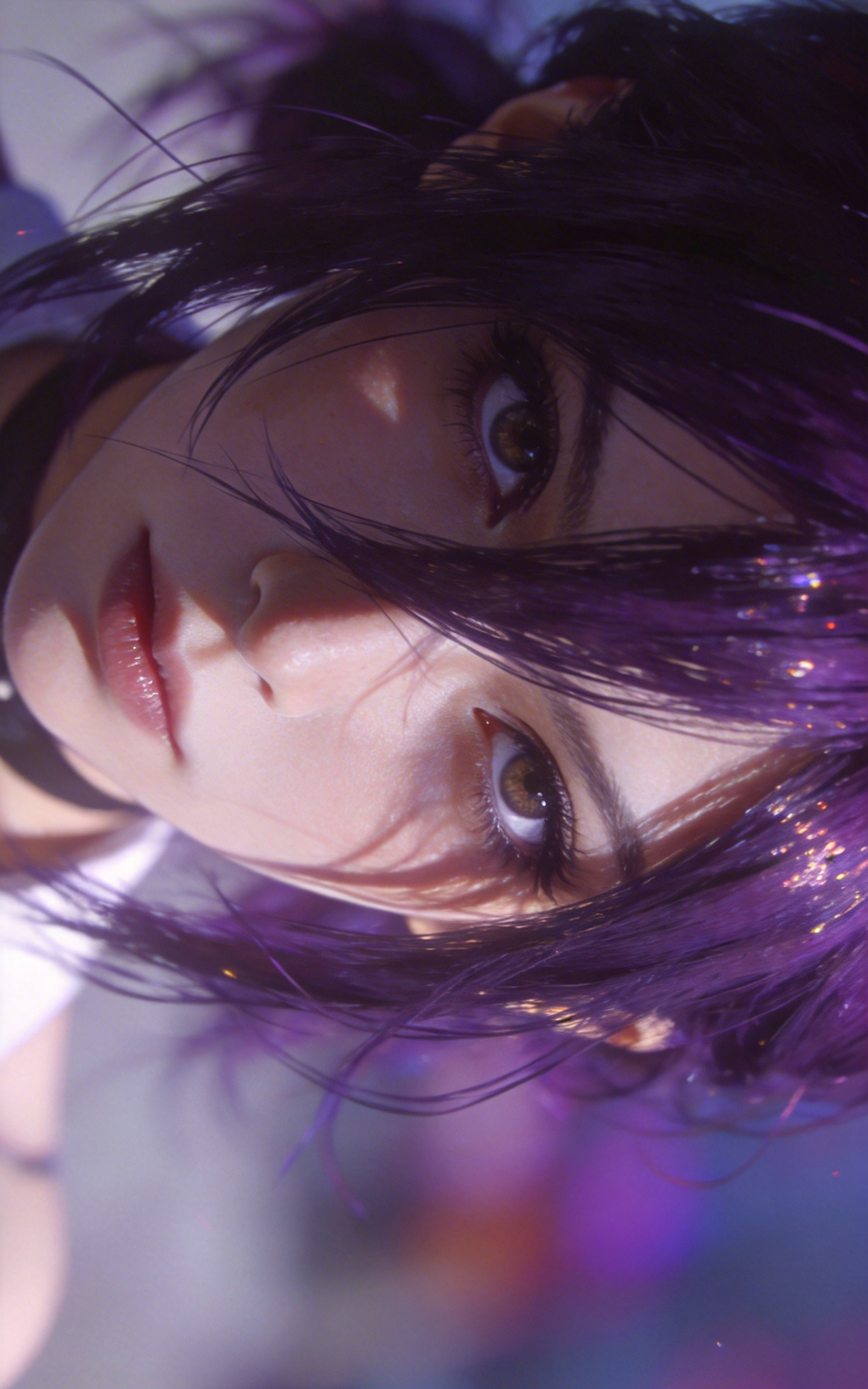 Purple-Haired Anime Girl Close-Up Face Car Center Pillar Sticker 50x24cm 2 Pieces/Set