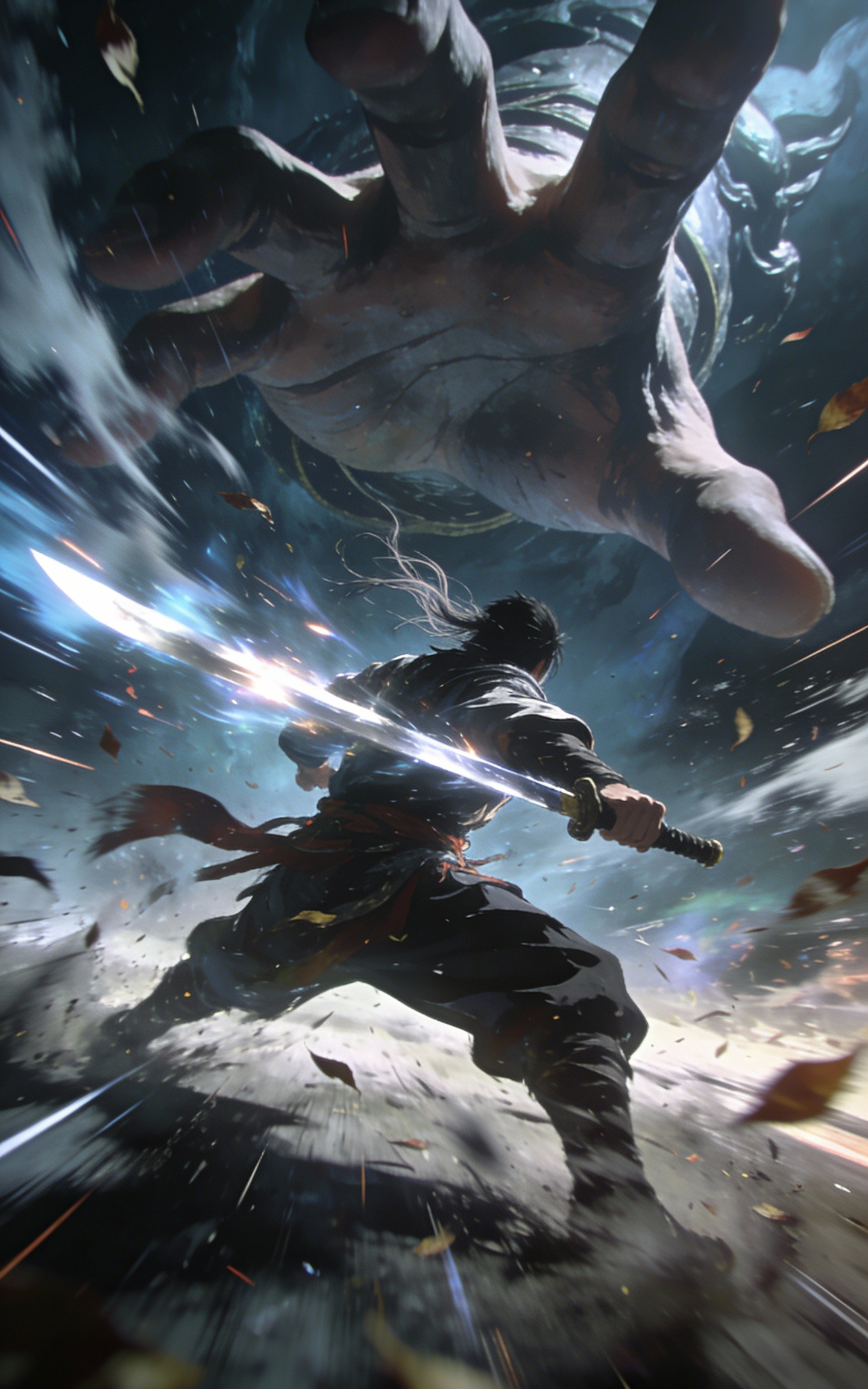 Warrior with Glowing Sword Facing Giant Sky Hand Car Center Pillar Sticker 50x24cm 2 Pieces/Set