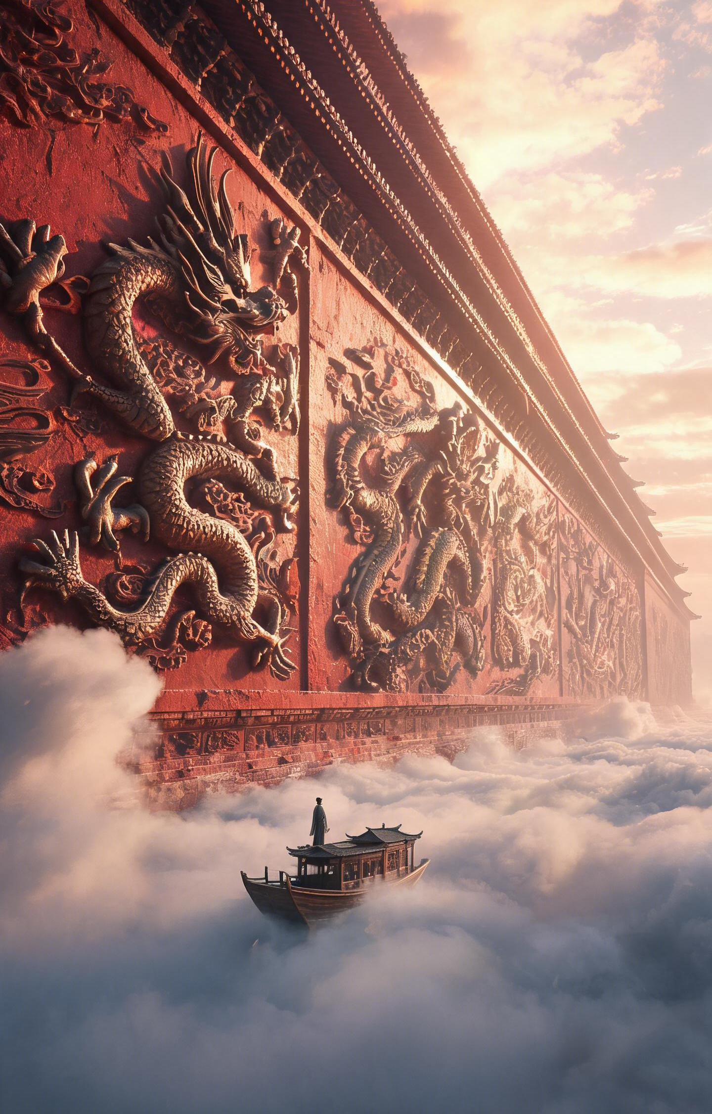Chinese Dragon Relief Wall Sea Clouds Car Center Pillar Sticker 50x24cm 2 Pieces/Set