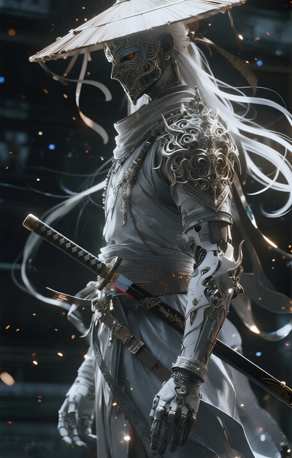 White Samurai with Ornate Mask and Katana Car Center Pillar Sticker 50x24cm 2 Pieces/Set