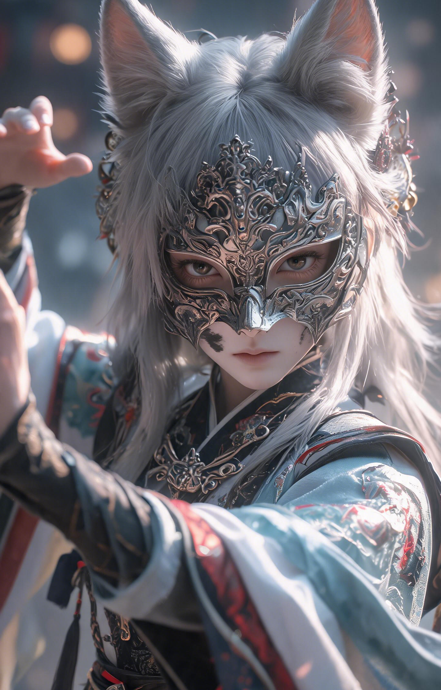 Silver Fox Masked Warrior in Traditional Robes Car Center Pillar Sticker 50x24cm 2 Pieces/Set
