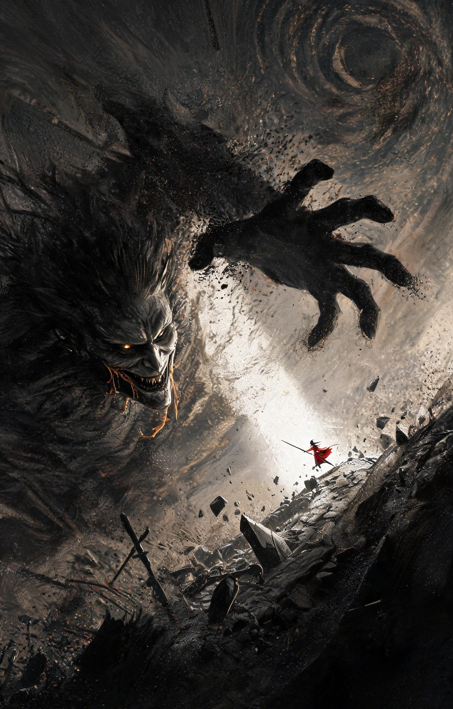 Dark Titan Attacking Lone Warrior in Ruins Car Center Pillar Sticker 50x24cm 2 Pieces/Set