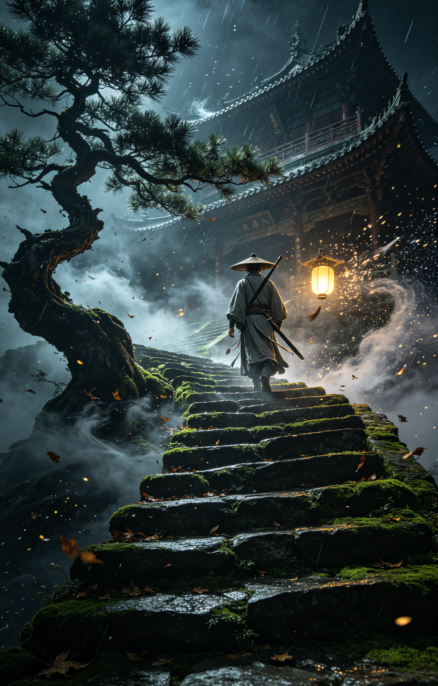 Lonely Swordsman Climbing Temple Stairs in Rain Car Center Pillar Sticker 50x24cm 2 Pieces/Set