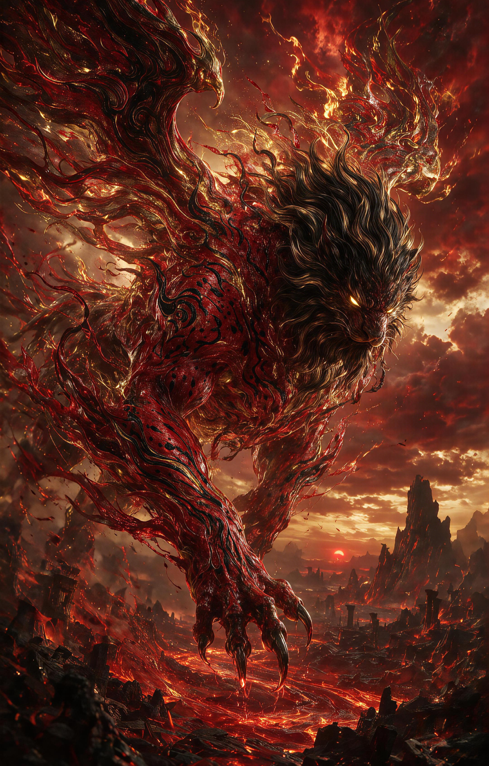 Fiery Lion Beast Rampaging Through Volcanic Lava Landscape Car Center Pillar Sticker 50x24cm 2 Pieces/Set