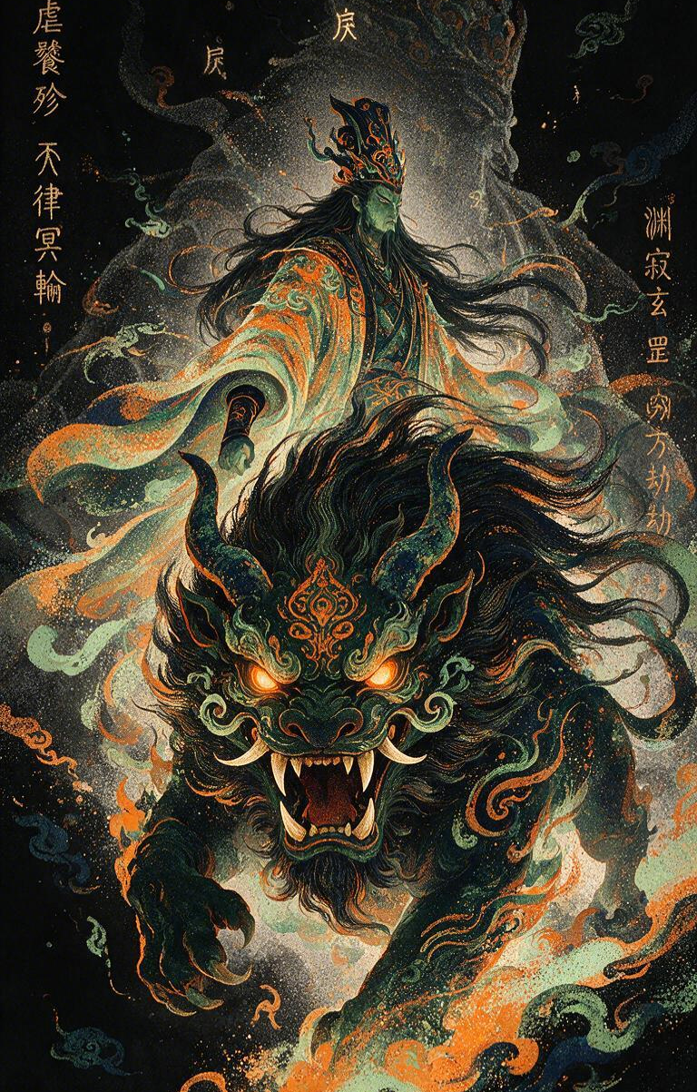Chinese Deity Riding Mythical Lion Car Center Pillar Sticker 50x24cm 2 Pieces/Set