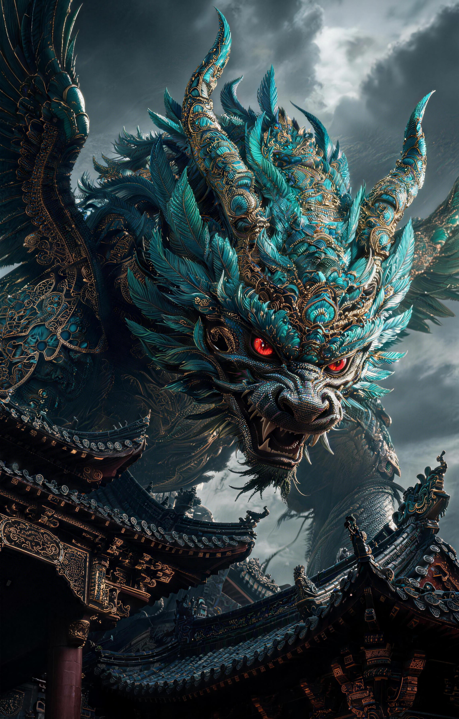 Teal Chinese Dragon Guardian Over Temple Rooftops Mythic Theme Car Center Pillar Sticker 50x24cm 2 Pieces/Set