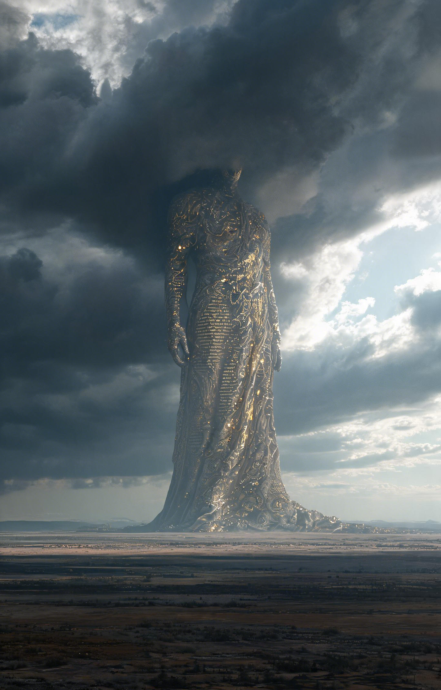 Colossal Golden Armored Statue Standing in Open Plain Under Stormy Sky Car Center Pillar Sticker 50x24cm 2 Pieces/Set