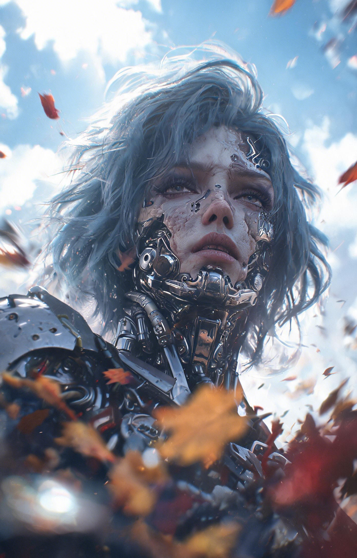 Blue Haired Cyborg Woman Autumn Leaves Car Center Pillar Sticker 50x24cm 2 Pieces/Set