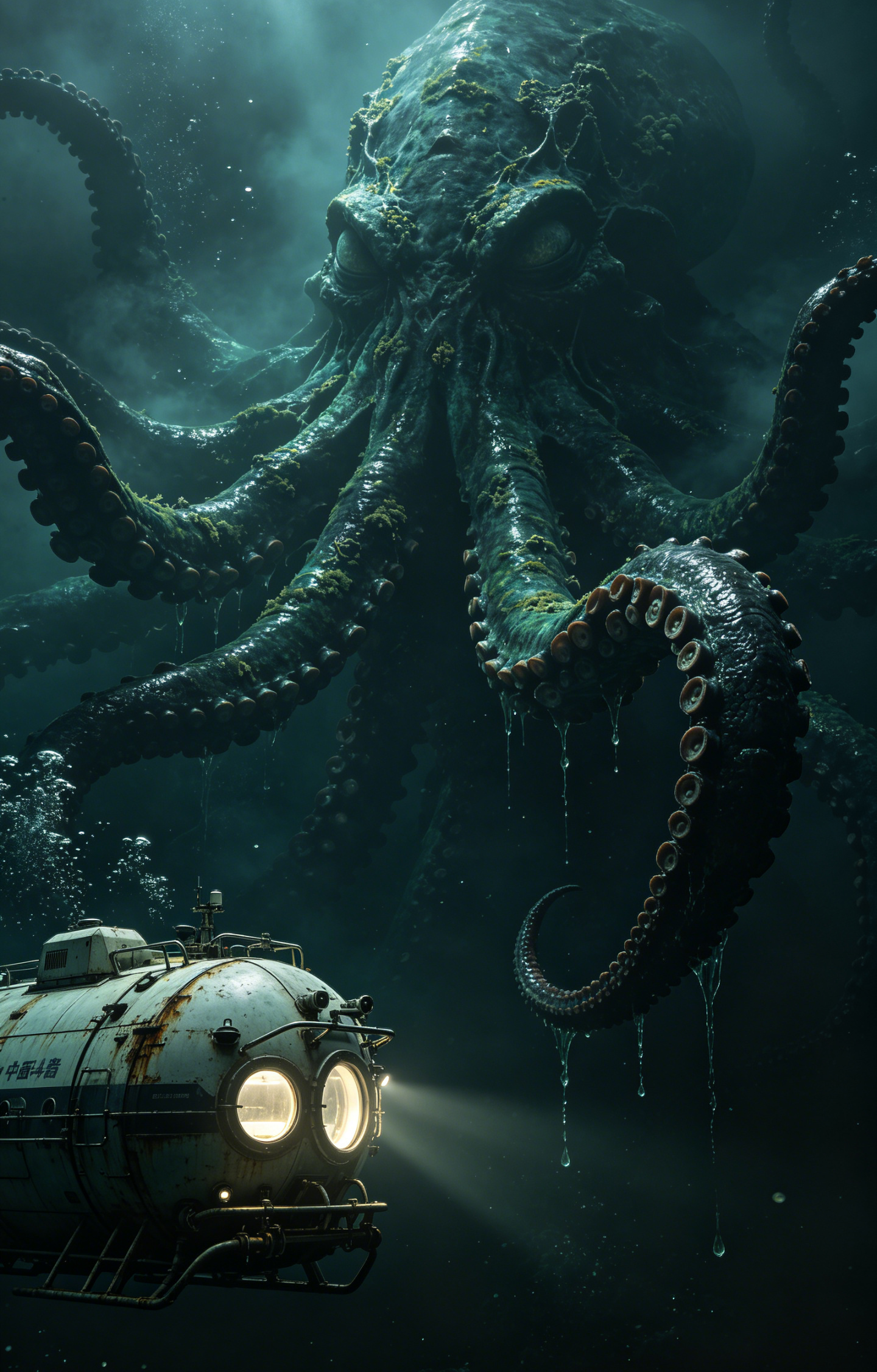 Giant Deep Sea Octopus and Submarine Car Center Pillar Sticker 50x24cm 2 Pieces/Set