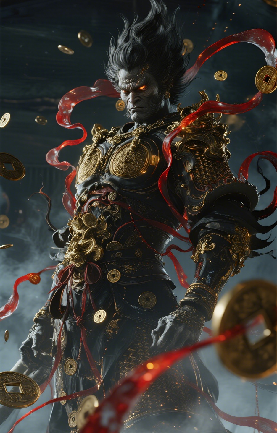 Flaming-Haired Warrior with Gold Coins Car Center Pillar Sticker 50x24cm 2 Pieces/Set