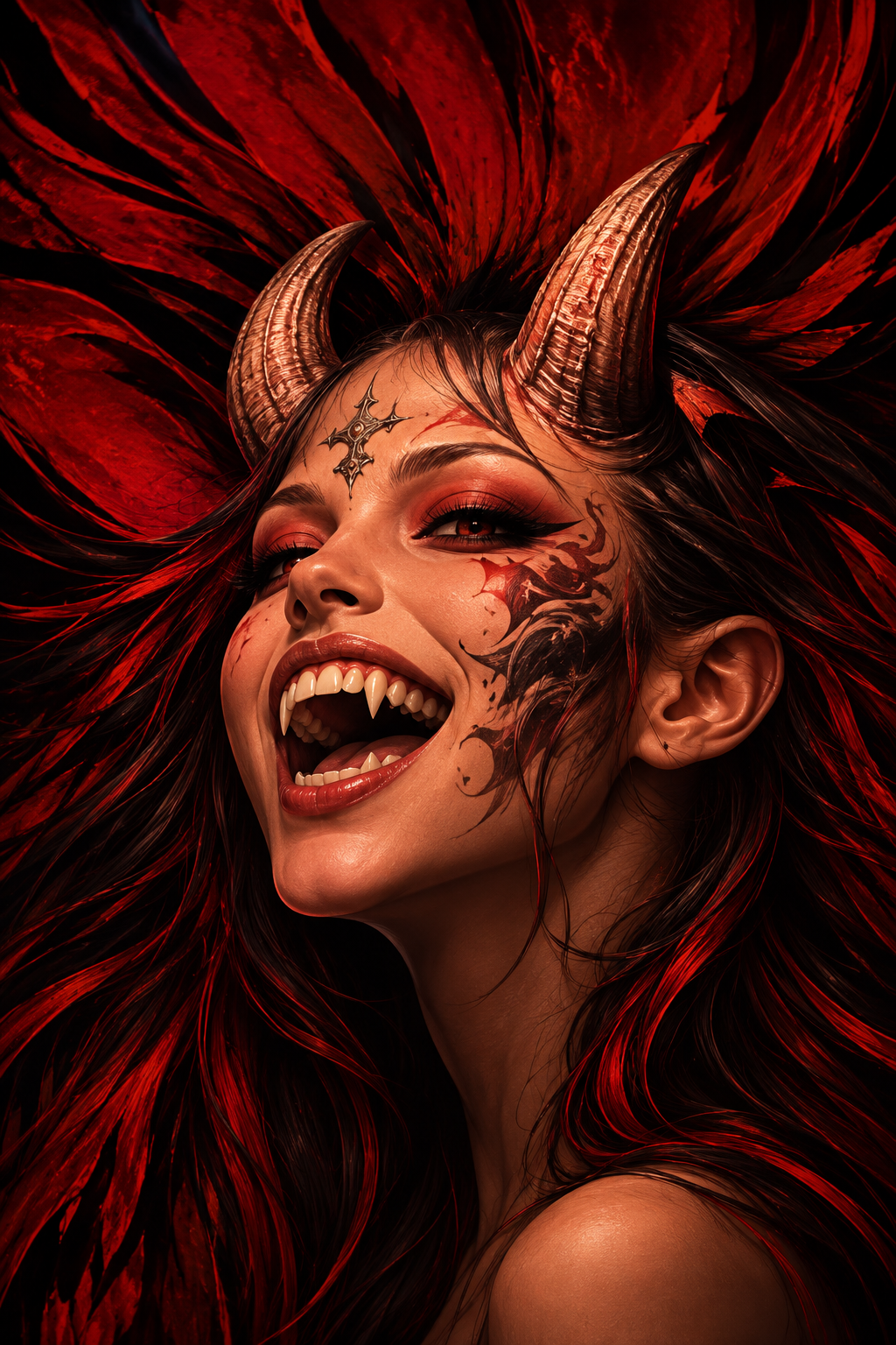 Laughing Horned Demon Woman Car Center Pillar Sticker 50x24cm 2 Pieces/Set