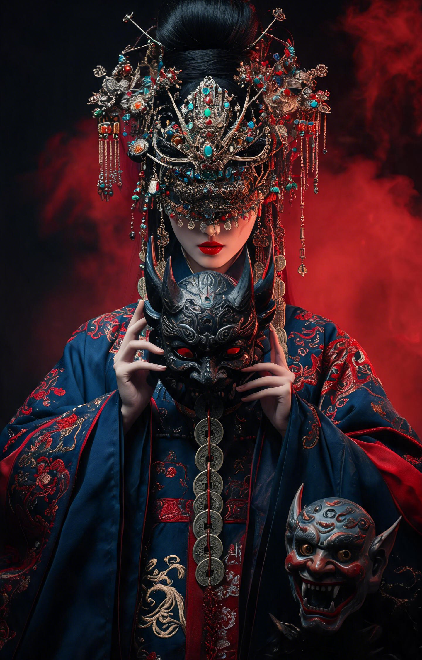 Blue Robed Figure Holding Demon Mask Car Center Pillar Sticker 50x24cm 2 Pieces/Set