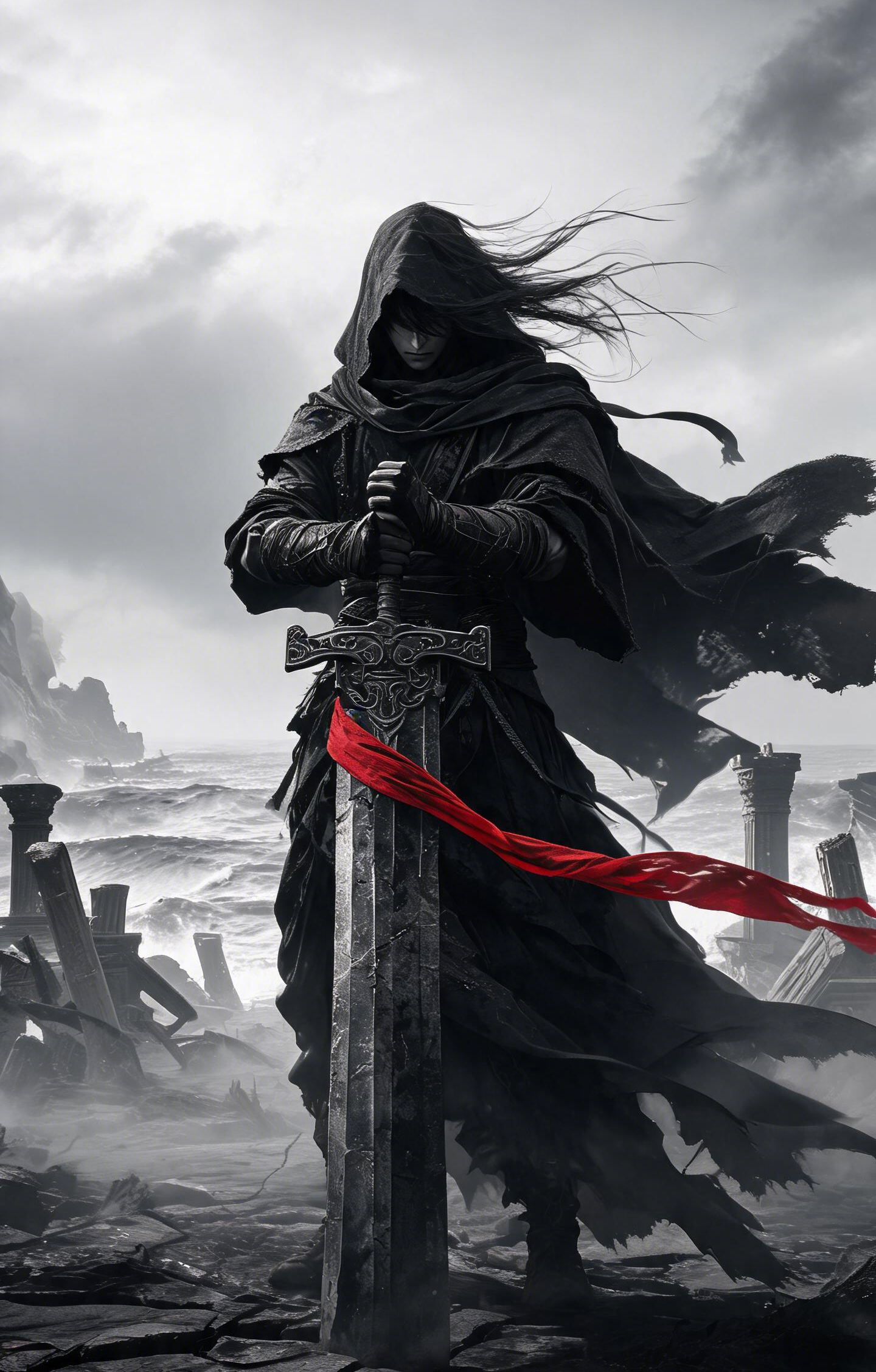 Hooded Dark Swordsman with Red Ribbon Car Center Pillar Sticker 50x24cm 2 Pieces/Set