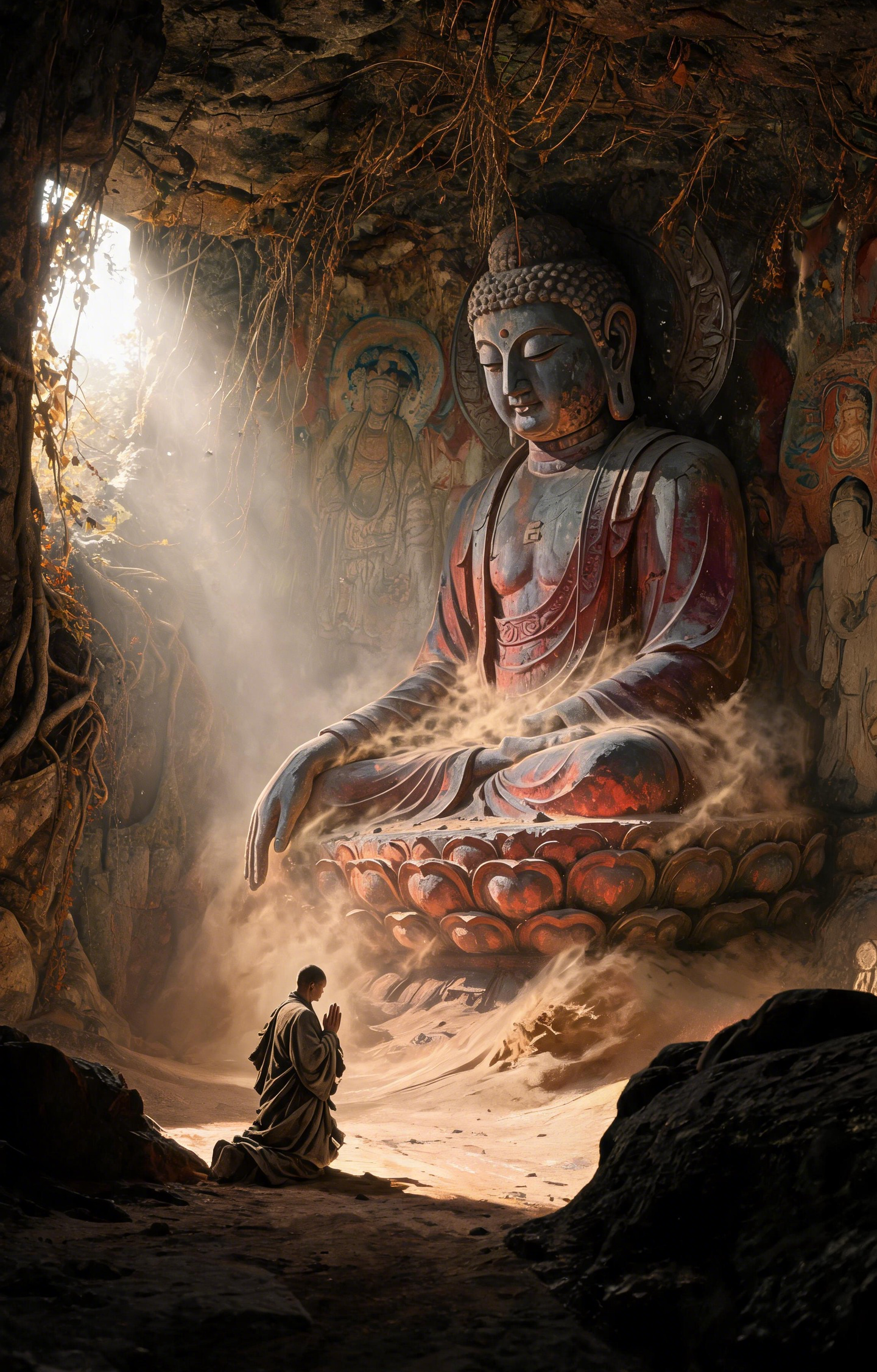 Giant Buddha Statue with Kneeling Monk Car Center Pillar Sticker 50x24cm 2 Pieces/Set