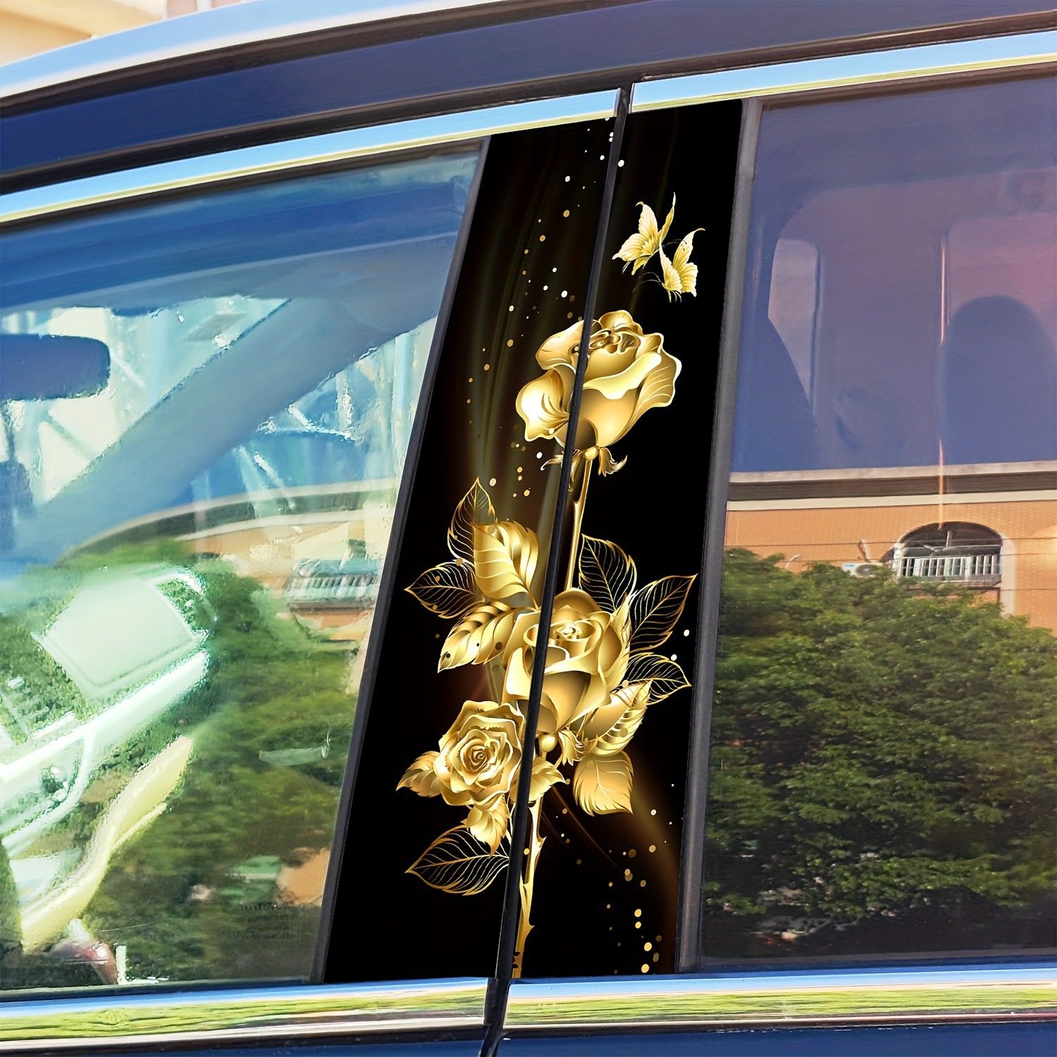 2 Sheets / 2 Pieces Set - Golden Flowers on a Black Background Car B-Pillar Sticker, 50x24cm Waterproof PVC Car Center Pillar Decal??No yev11k marking will appear on the product after placing an order.??