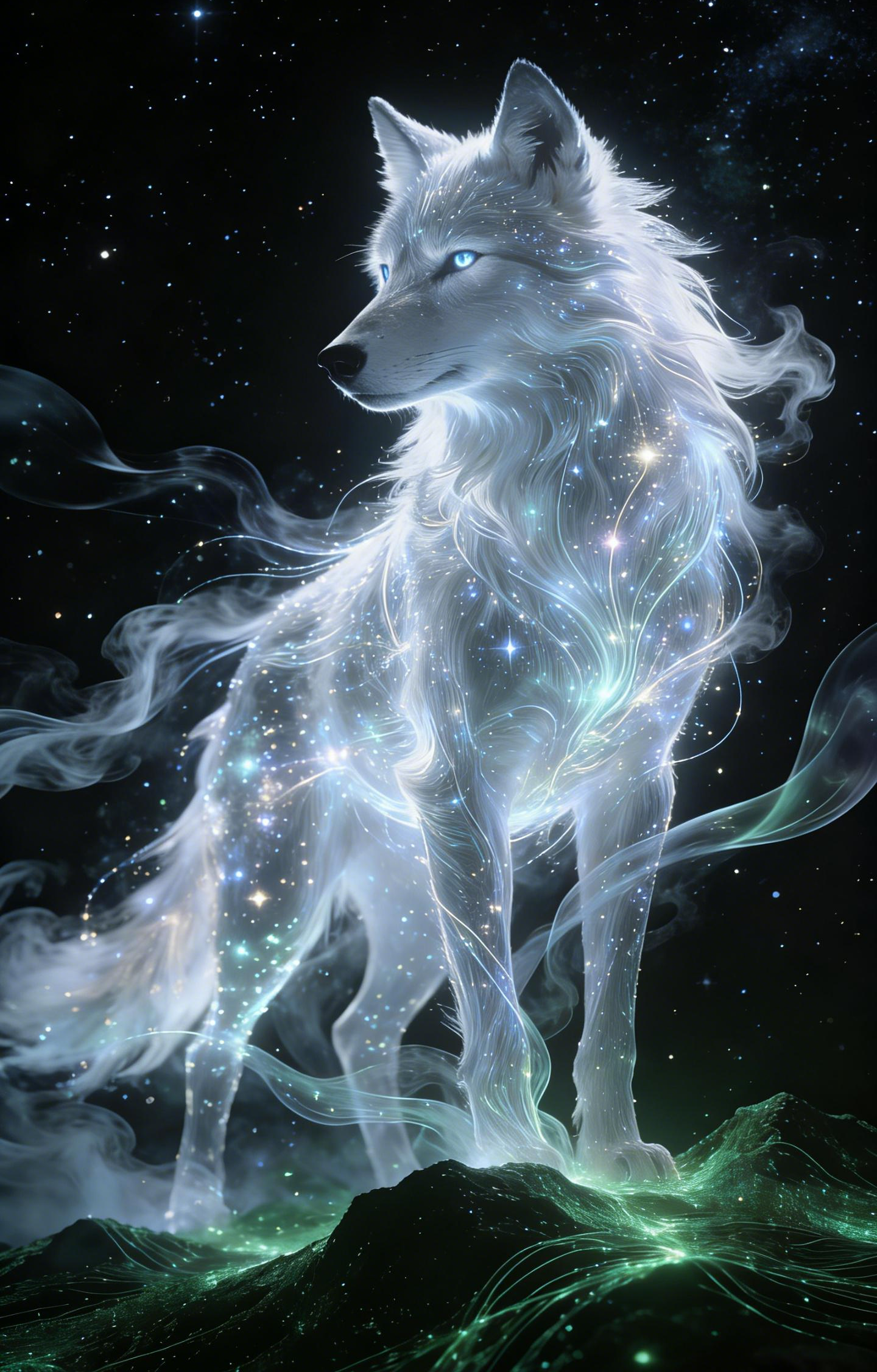 Starry Nebula Wolf Car Sticker Decal 2 Pack (2 Sheets), Dreamy Translucent Starlight Wolf on Glowing Mountain Vinyl Car Sticker, Waterproof 50x24 cm Vehicle Decal for Car Window and Van