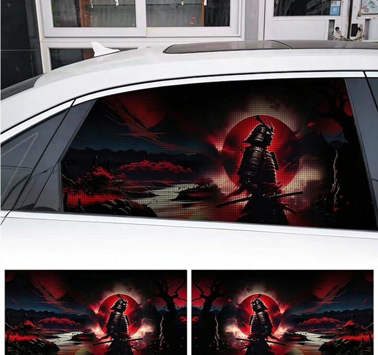 2 Sheets / 2 Pieces Set - Samurai Warrior Red Sun Japanese Landscape Car Rear Window Sticker, 130x50cm Waterproof Perforated PVC One-Way Vision Decal