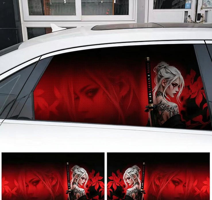 2 Sheets / 2 Pieces Set - Blonde Female Katana Warrior Car Rear Window Sticker, 130x50cm Waterproof Perforated PVC One-Way Vision Decal