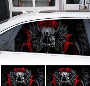 2 Sheets / 2 Pieces Set - Dark Winged Reaper with Sword Car Rear Window Sticker, 130x50cm Waterproof Perforated PVC One-Way Vision Decal