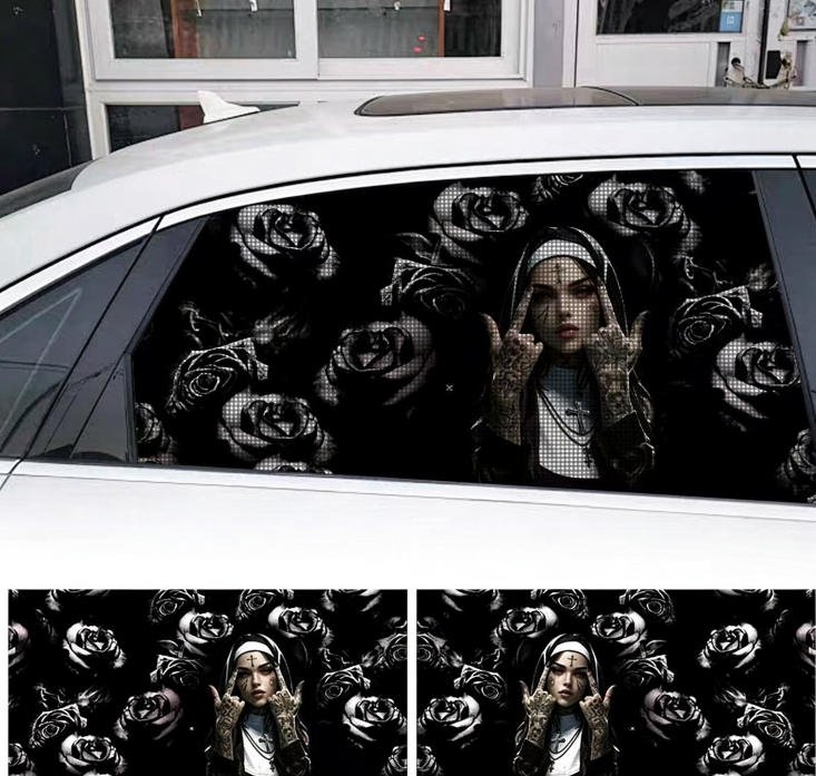 2 Sheets / 2 Pieces Set - Tattooed Nun with Roses Car Rear Window Sticker, 130x50cm Waterproof Perforated PVC One-Way Vision Decal