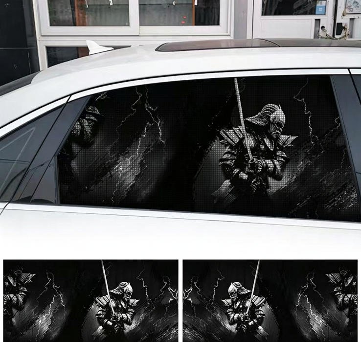 2 Sheets / 2 Pieces Set - Samurai Skull Lightning Storm Car Rear Window Sticker, 130x50cm Waterproof Perforated PVC One-Way Vision Decal