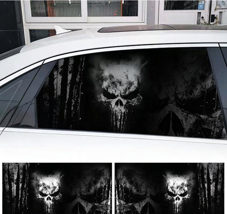 2 Sheets / 2 Pieces Set - Tactical Skull Grunge Flag Car Rear Window Sticker, 130x50cm Waterproof Perforated PVC One-Way Vision Decal
